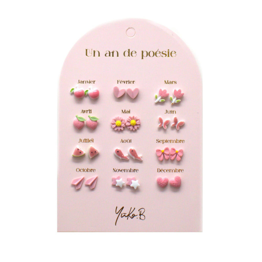 Set of 12 pairs of earrings, A year of poetry - Pink