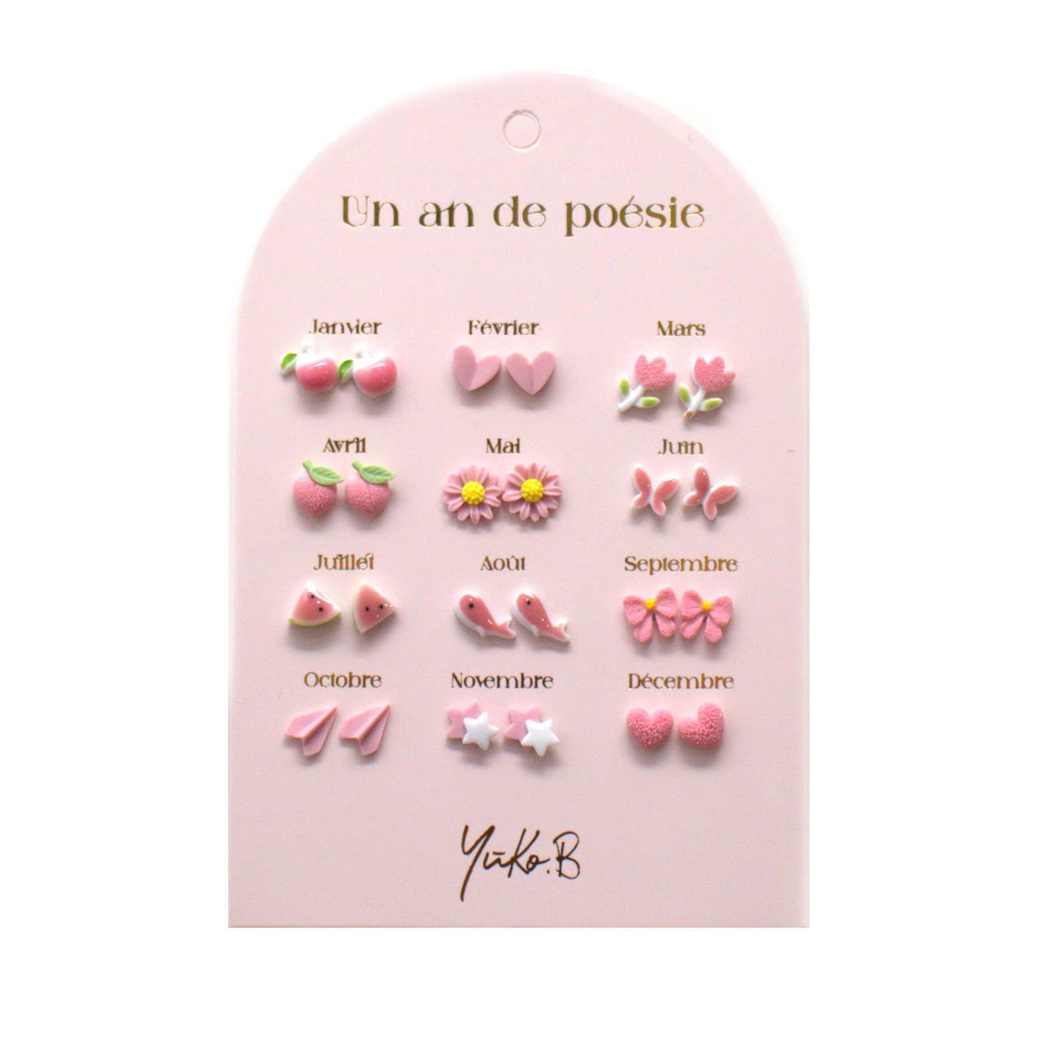 Set of 12 pairs of earrings, A year of poetry - Pink