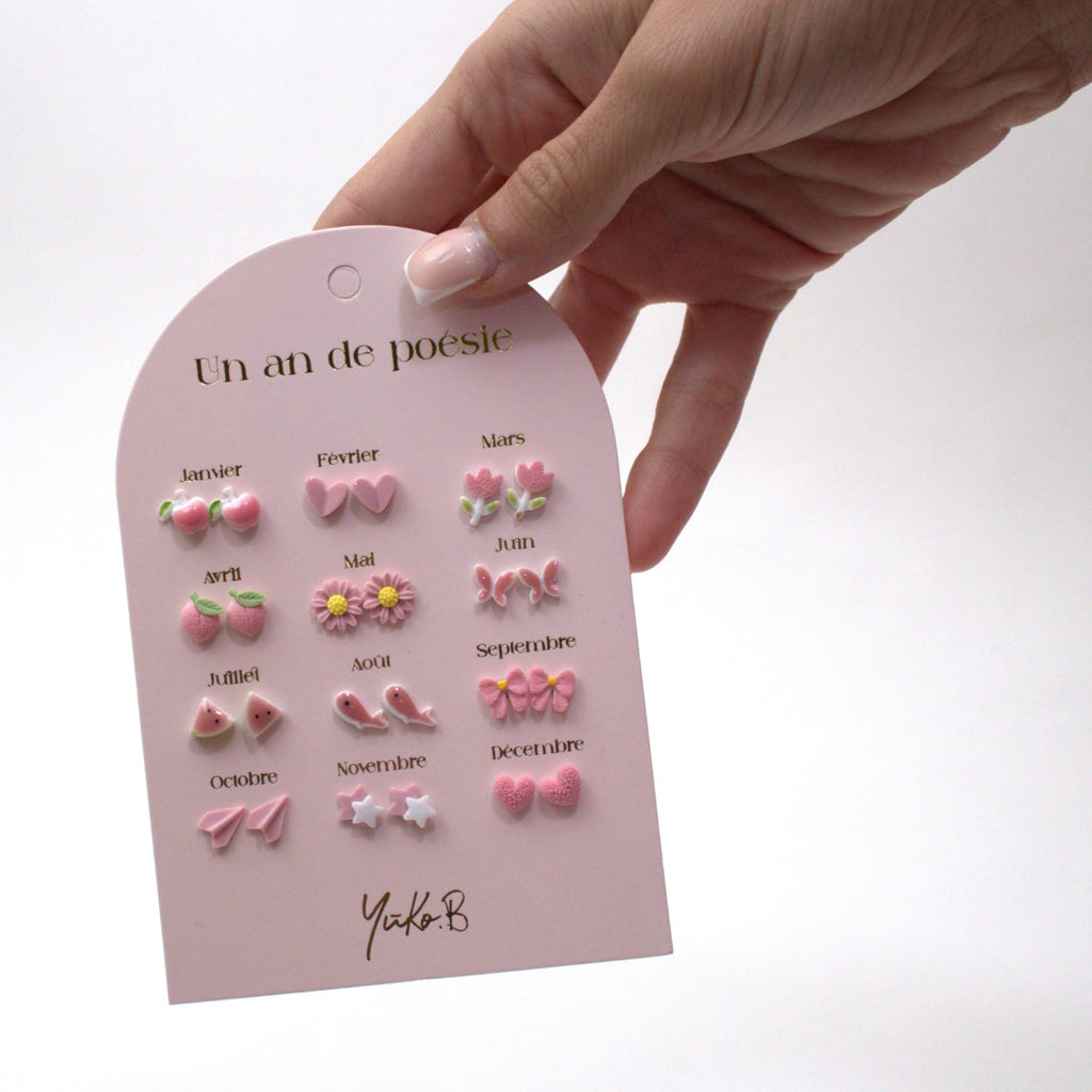 Set of 12 pairs of earrings, A year of poetry - Pink