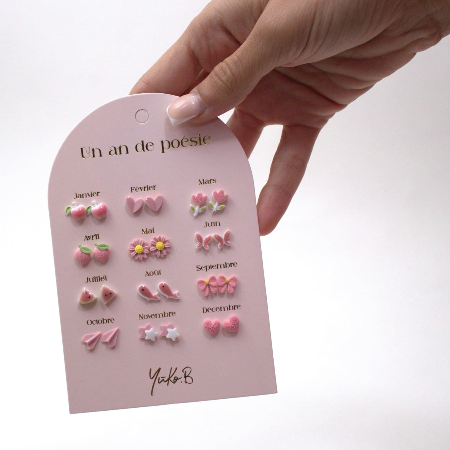 Set of 12 pairs of earrings, A year of poetry - Pink