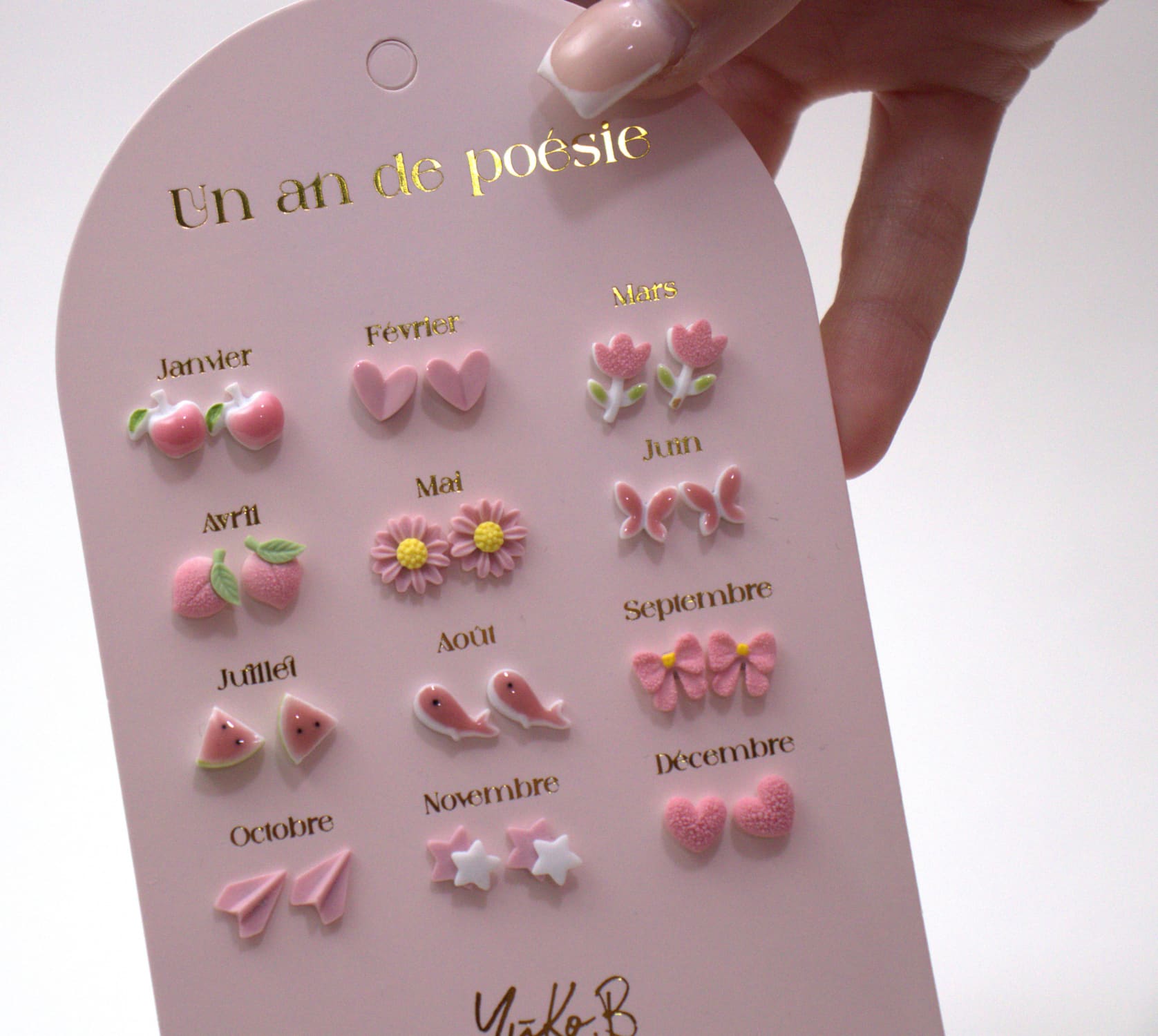 Set of 12 pairs of earrings, A year of poetry - Pink