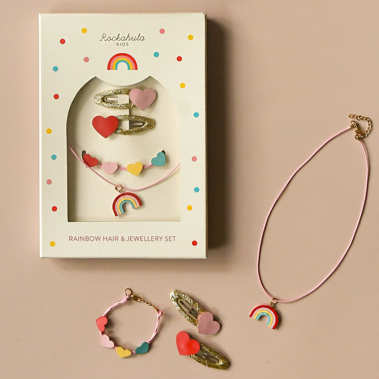 Set regalo collana, braccialetto e fermagli, Arcobaleno vintage