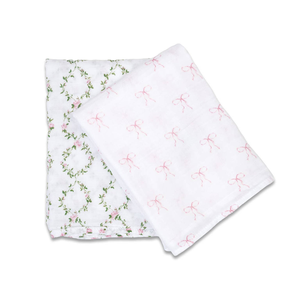 Copertina mussola cotone, Set da 2 - 100x100cm, Fiocchi e Traliccio di Rose