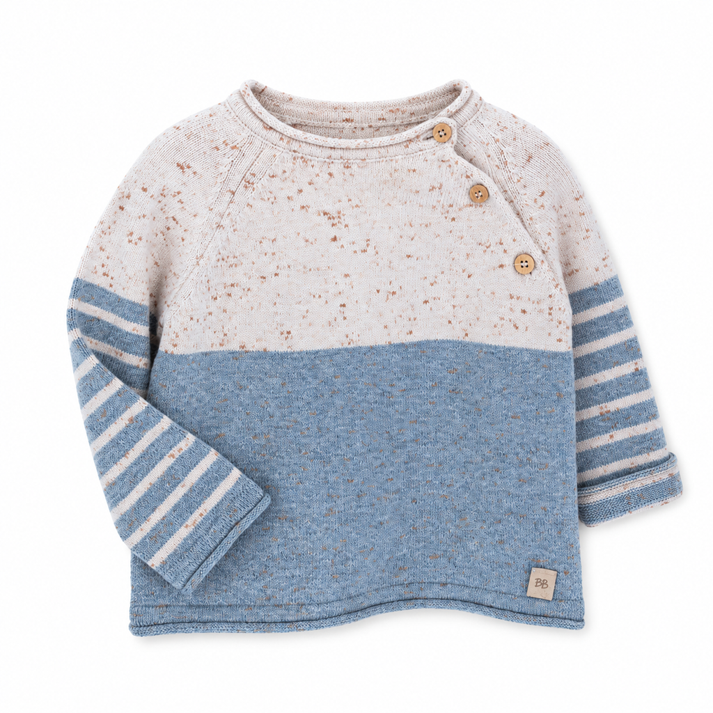 Maglia bi-colore in bambù organico Blue jeans su sfondo bianco