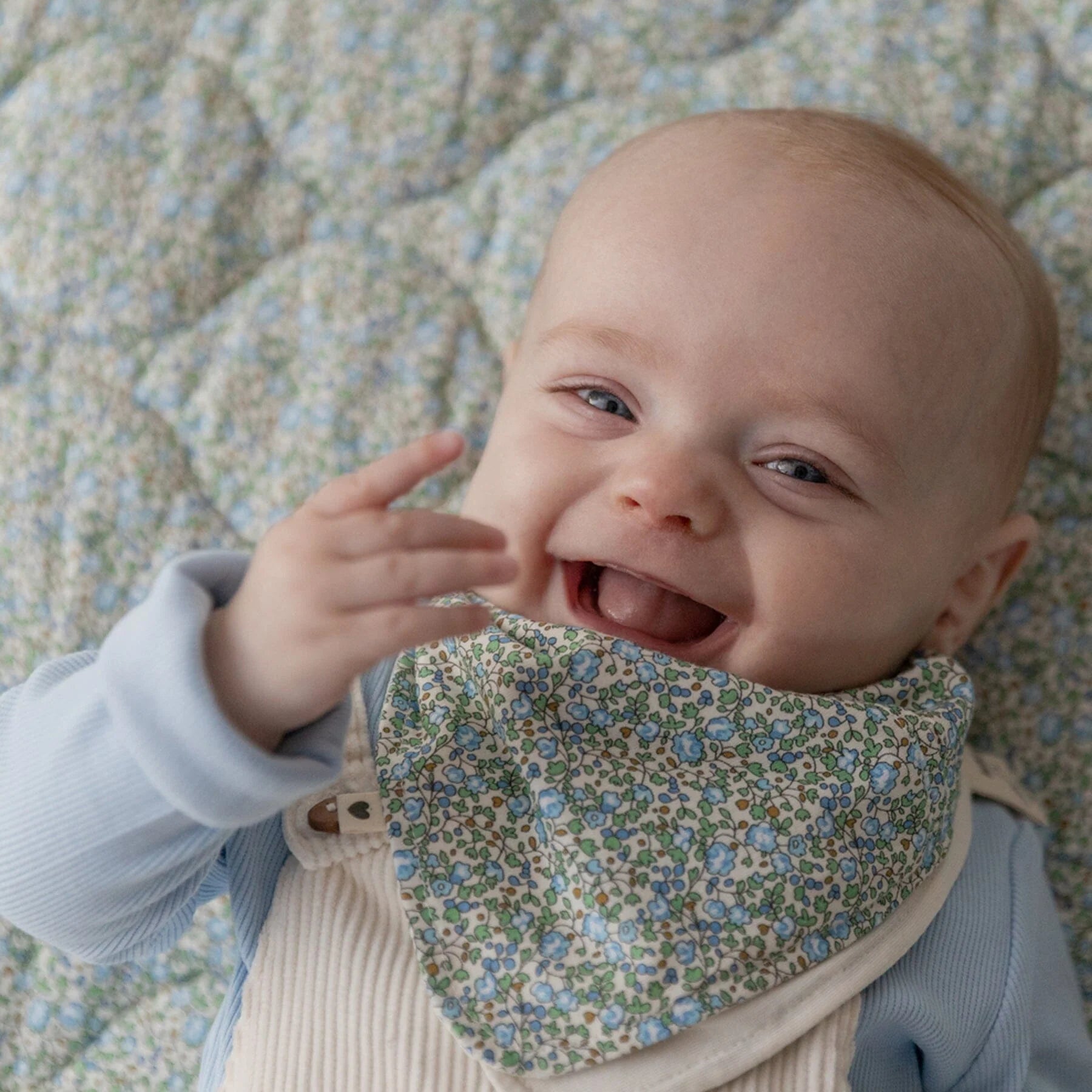 Organic cotton bandana bib, Liberty Chamomile lawn blue