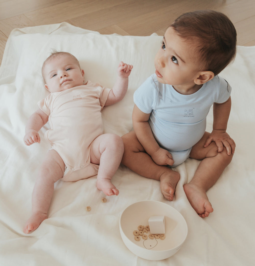 Organic bamboo short-sleeved bodysuit, Set of 2 Light blue