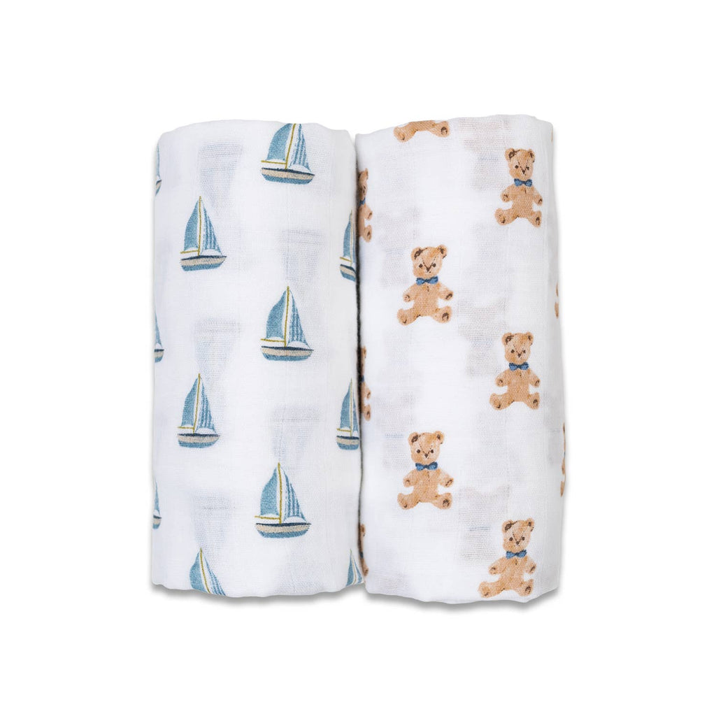 Copertina mussola cotone, Set da 2 - 100x100cm, Orsi vintage e barche a vela