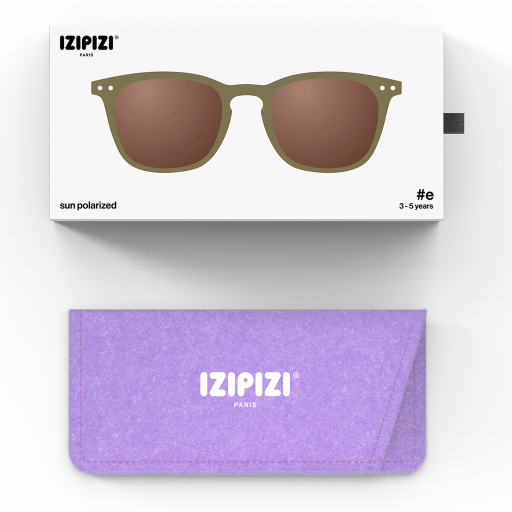 IZIPIZI #E Olive sunglasses, ages 3-5 — packaging and pouch