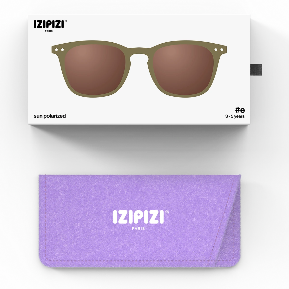IZIPIZI #E Olive sunglasses, ages 3-5 — packaging and pouch