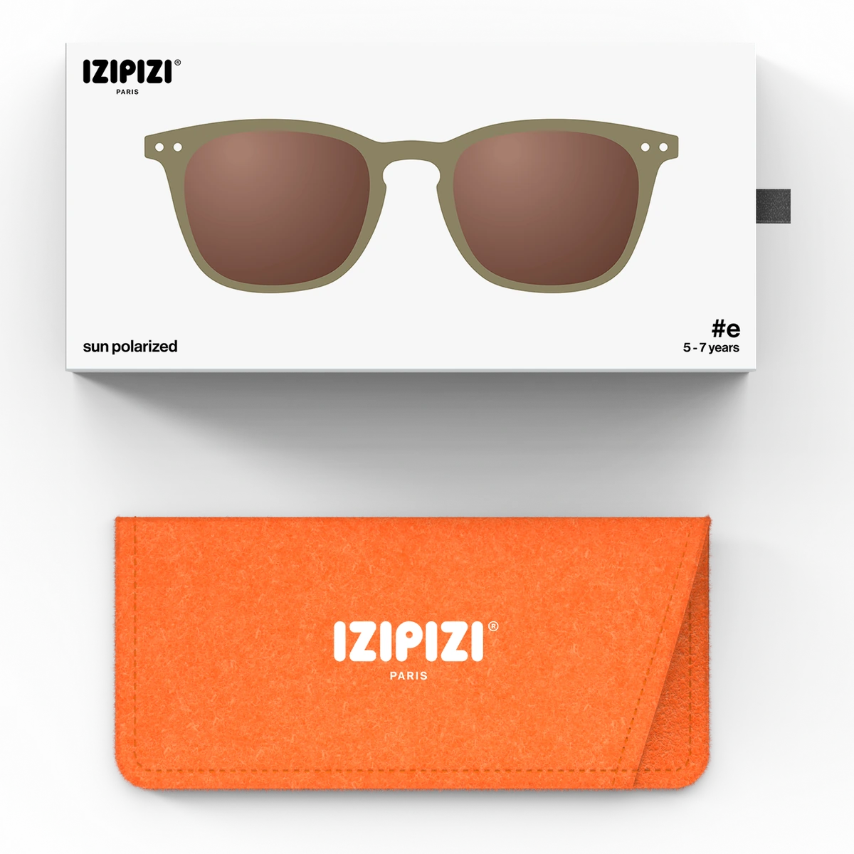 IZIPIZI #E Olive sunglasses, ages 5-7 — packaging and pouch
