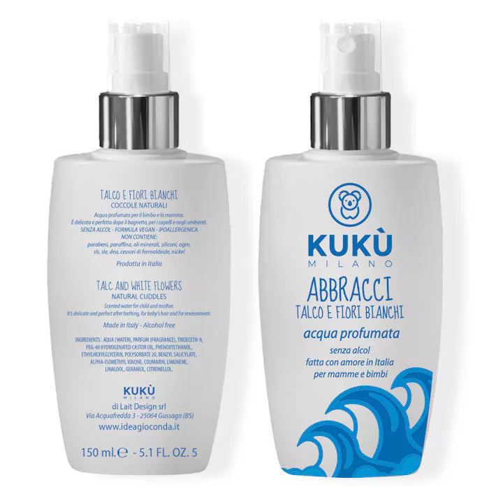 Aqua profumata per bebè, Talco e fiori bianchi, Abbracci | Kukù Milano