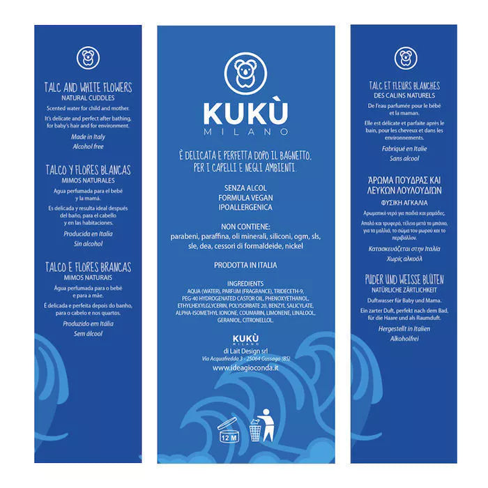 Aqua profumata per bebè, Talco e fiori bianchi, Abbracci | Kukù Milano