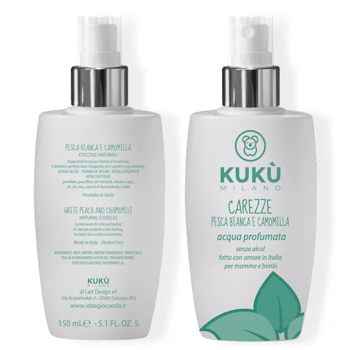 Aqua profumata per bebè, Camomilla Pesca Bianca, Carezze | Kukù Milano