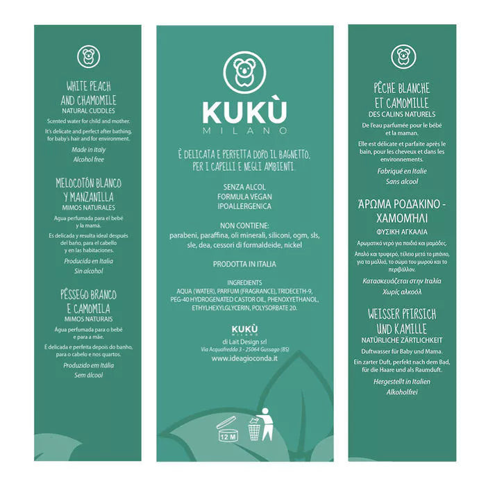 Aqua profumata per bebè, Camomilla Pesca Bianca, Carezze | Kukù Milano
