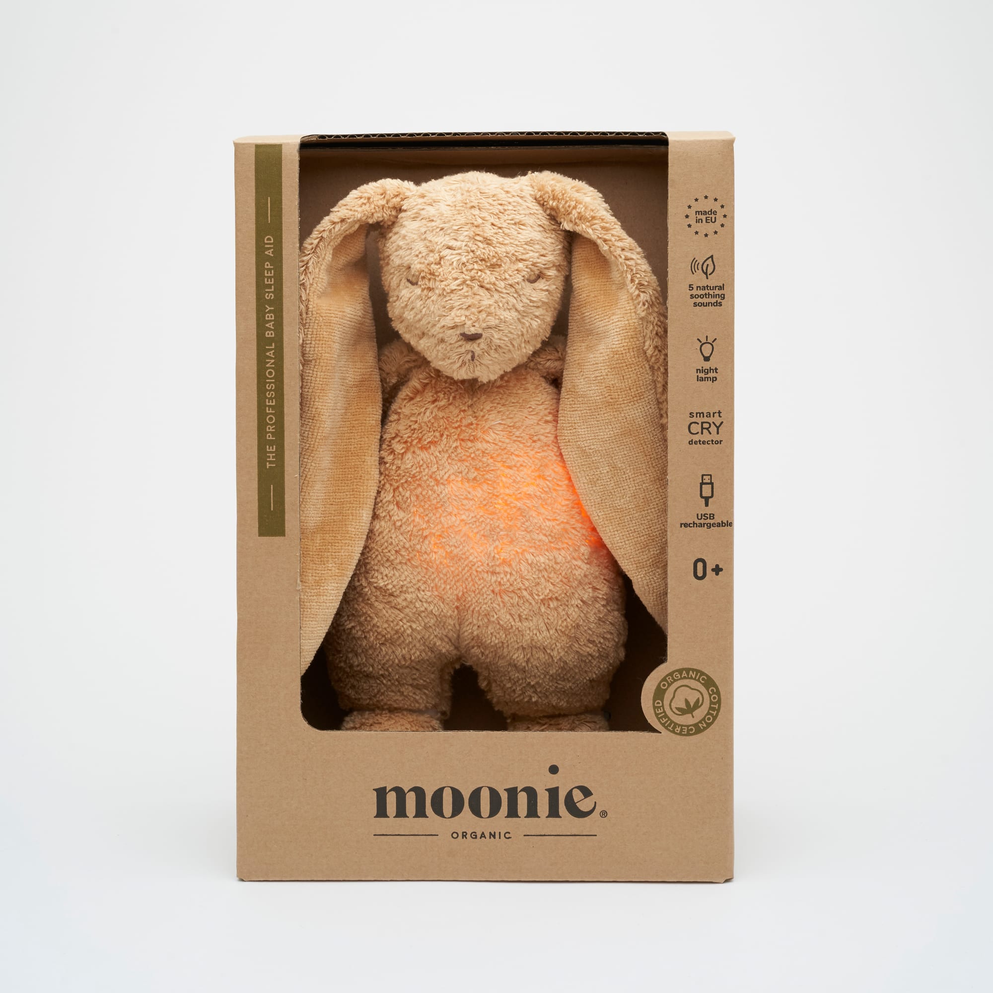 Moonie coniglio ronzante con luce cotone bio, Cappuccino