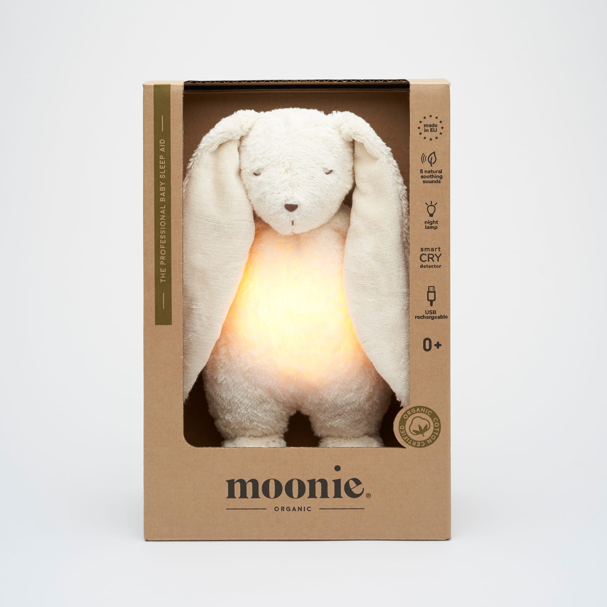 Moonie coniglio ronzante con luce cotone bio, Polar