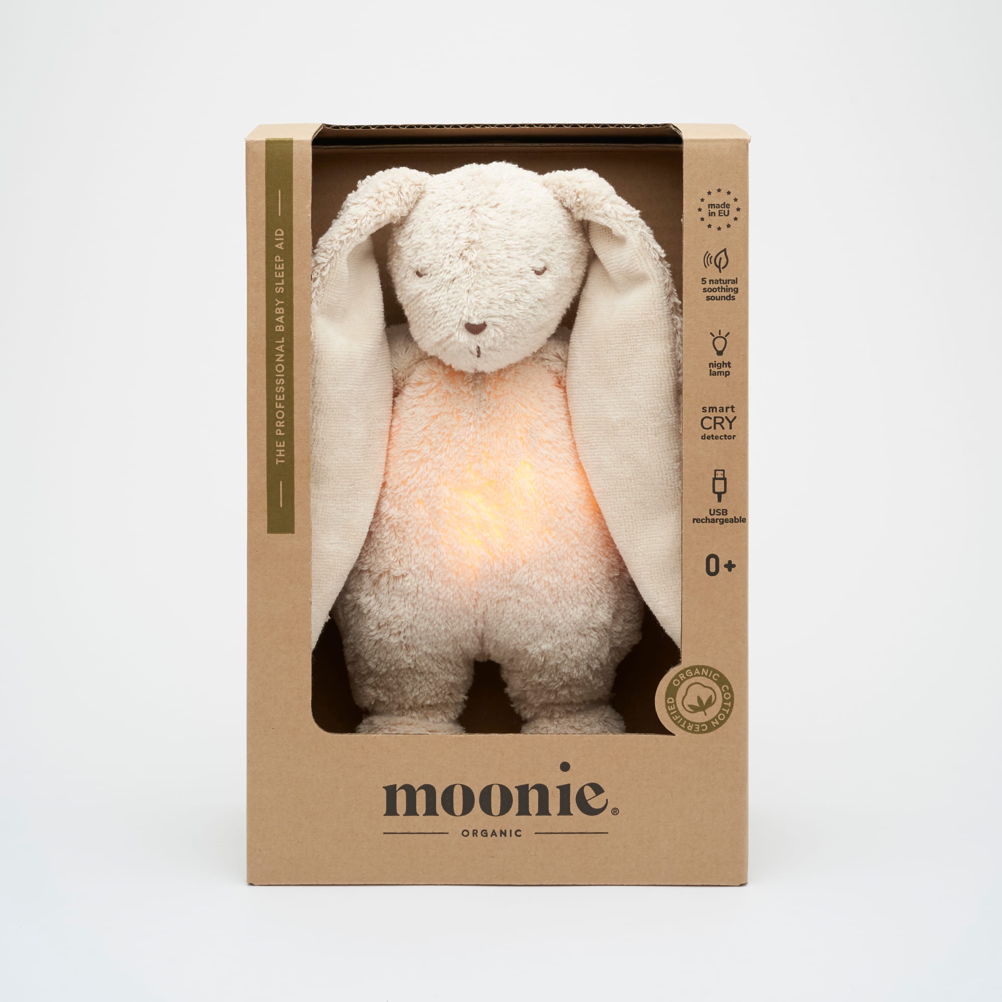 Moonie coniglio ronzante con luce cotone bio, Sand