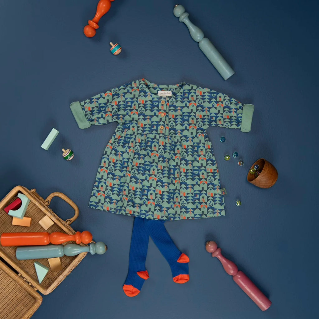 Robe jersey lourd gratté imprimé maison bleu, Opale