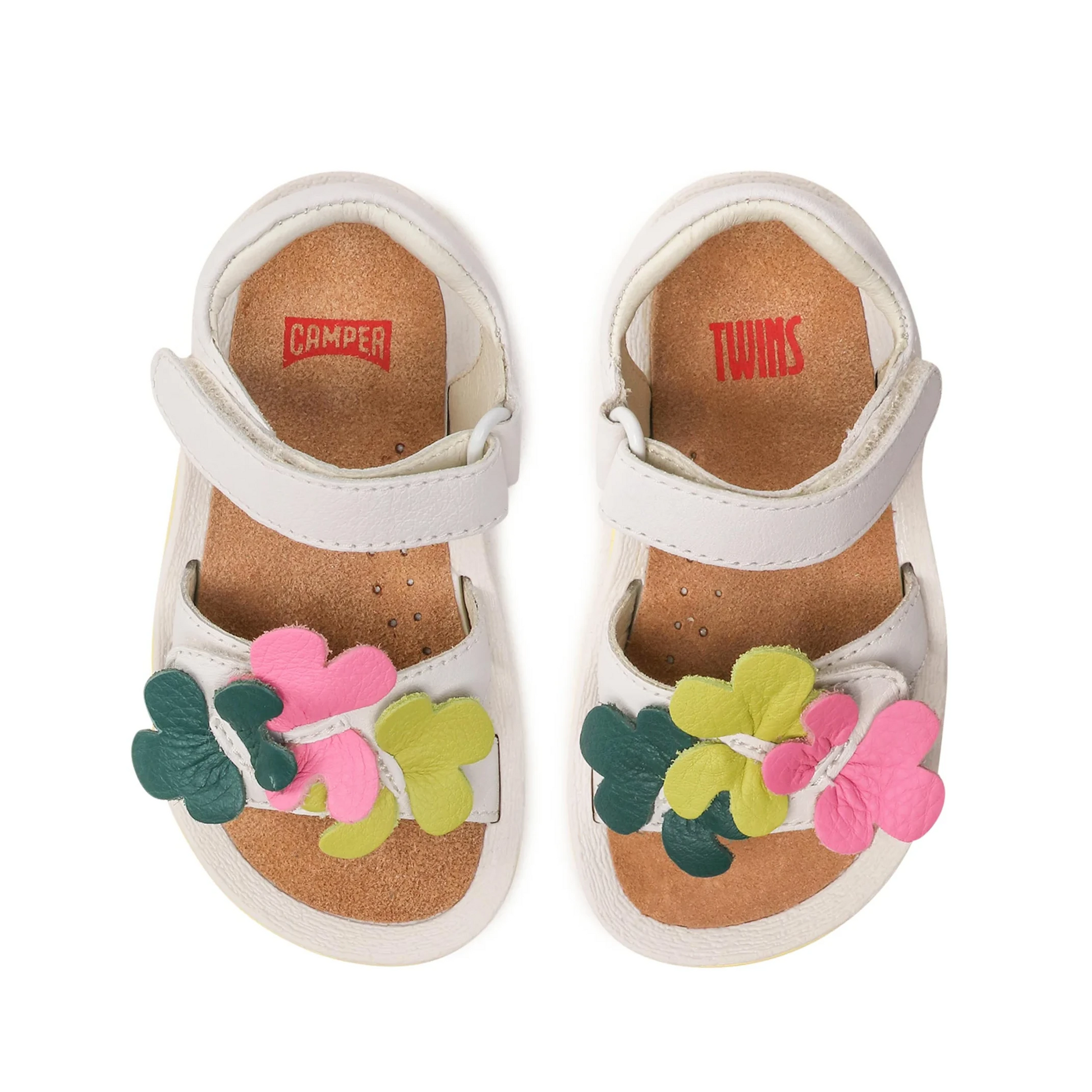 Sandali pelle bianche fiori per bambini, Twins Primi passi Camper
