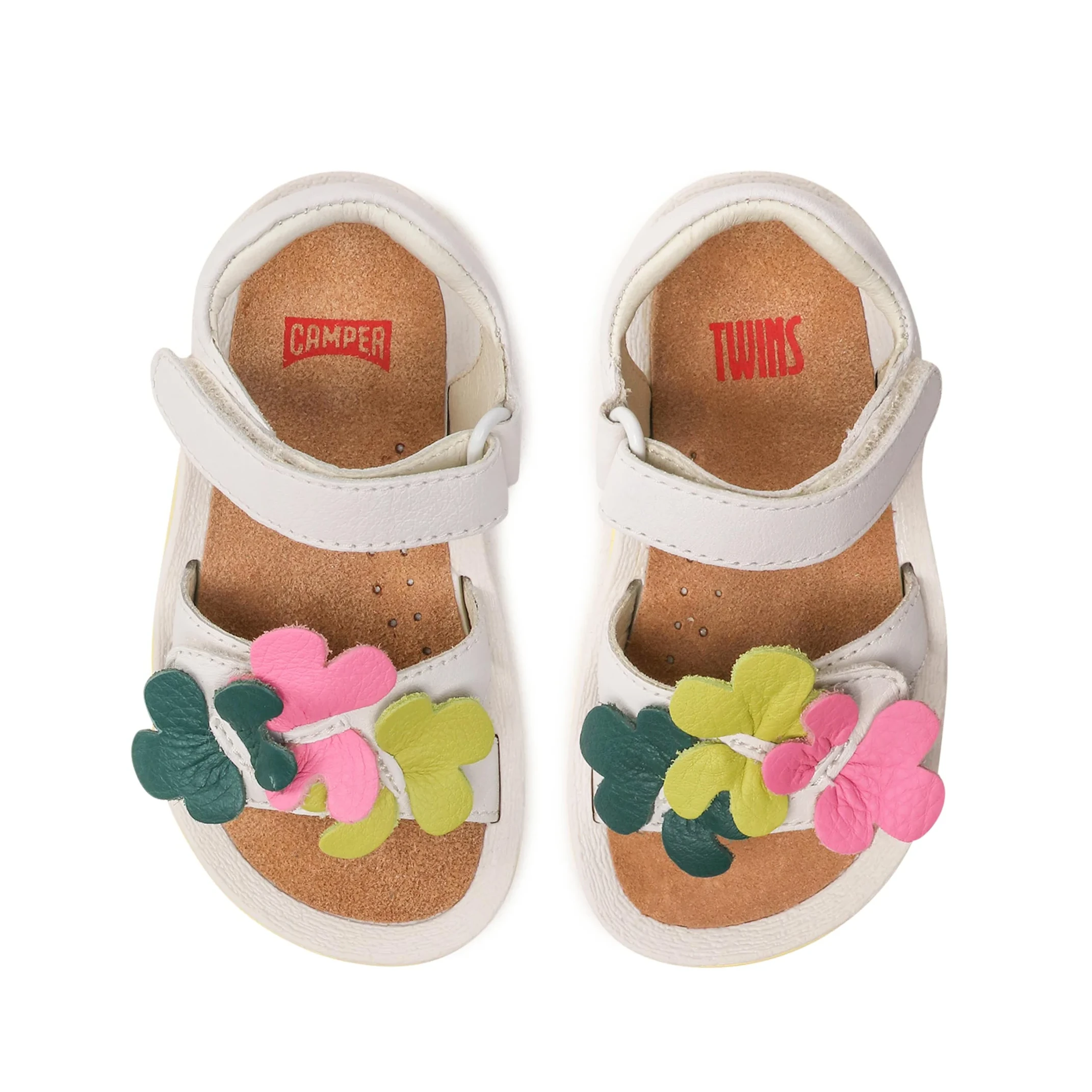 Sandali pelle bianche fiori per bambini, Twins Primi passi Camper