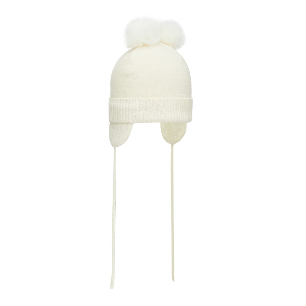 White Cotton Hat with Earflaps, 0-2 Months