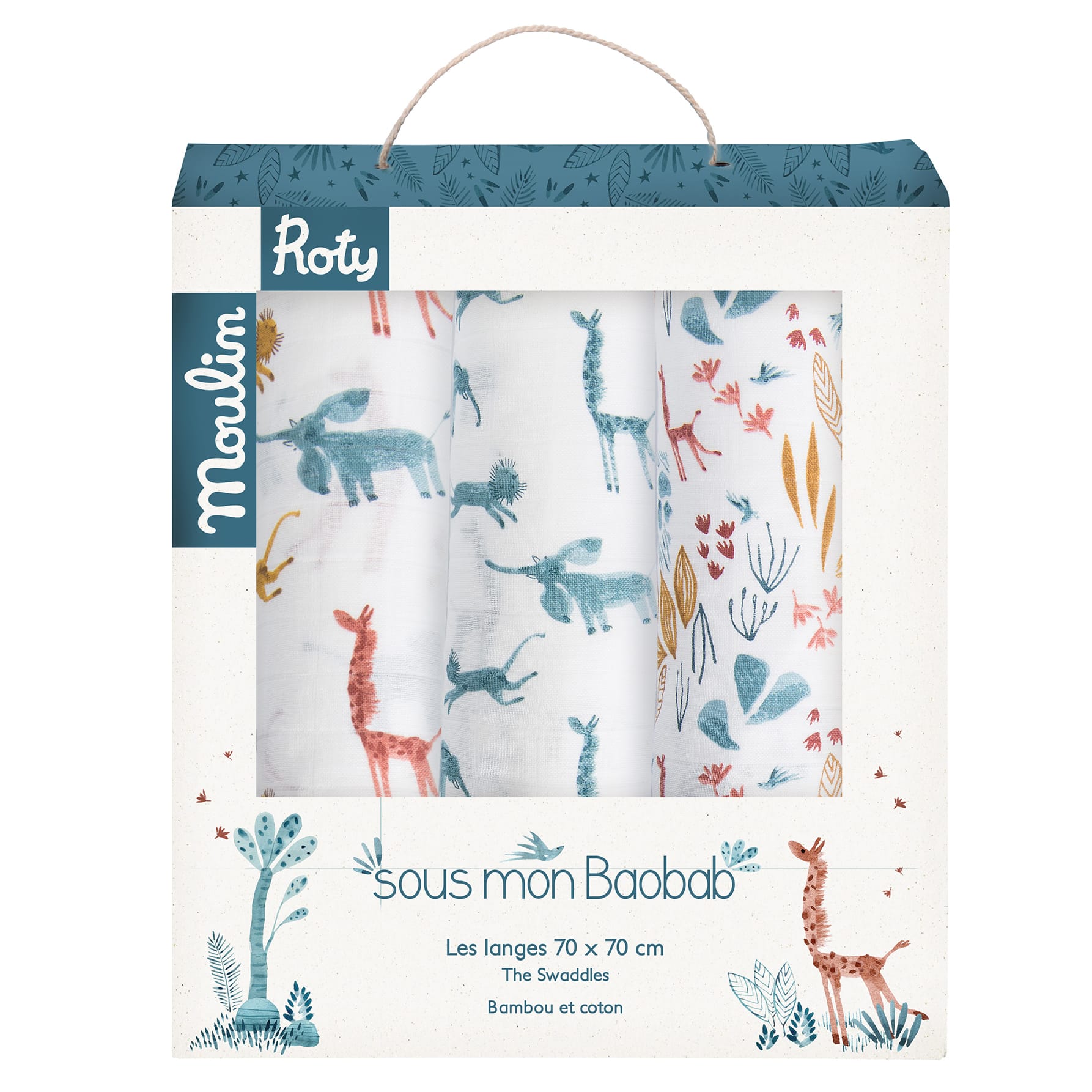 Moulin Roty | 3 Copertine 70x70cm Sous Mon Baobab Mussola Bambù Cotone