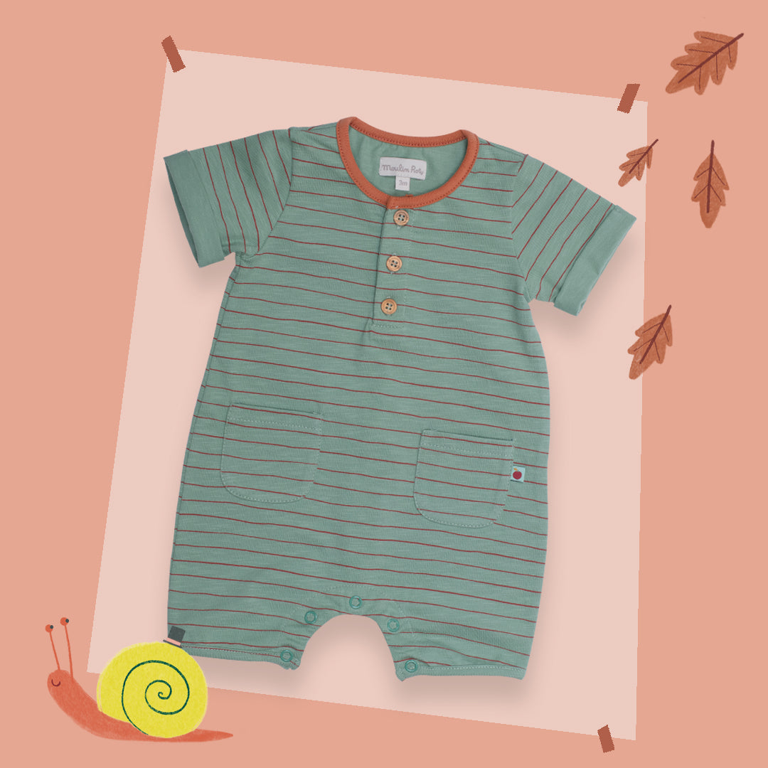 Sage Green Striped Cotton Romper, Ferdinand Pomme des Bois