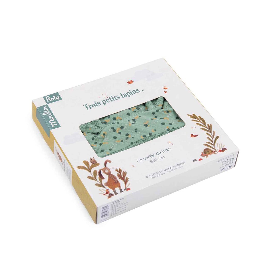 Moulin roty | Accappatoio neonato cotone salvia, Trois petits lapins