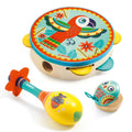 Set of 3 wooden musical instruments, tambourine, maracas and castanets