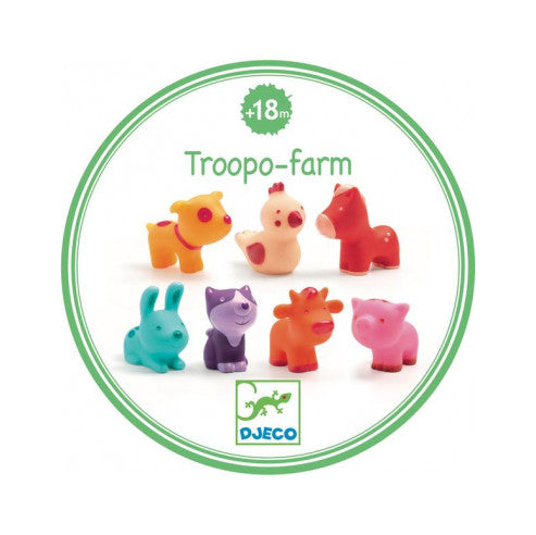 Troppo Farm 7 Animaletti della Fattoria in Gomma, 18 mesi | Djeco DJ09116