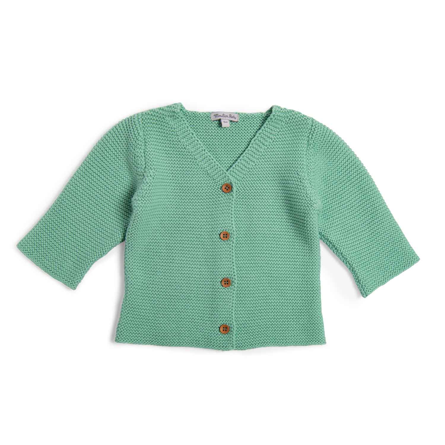 Moulin Roty | Cardigan in maglia cotone bio verde menta, Herbe Bord de mer