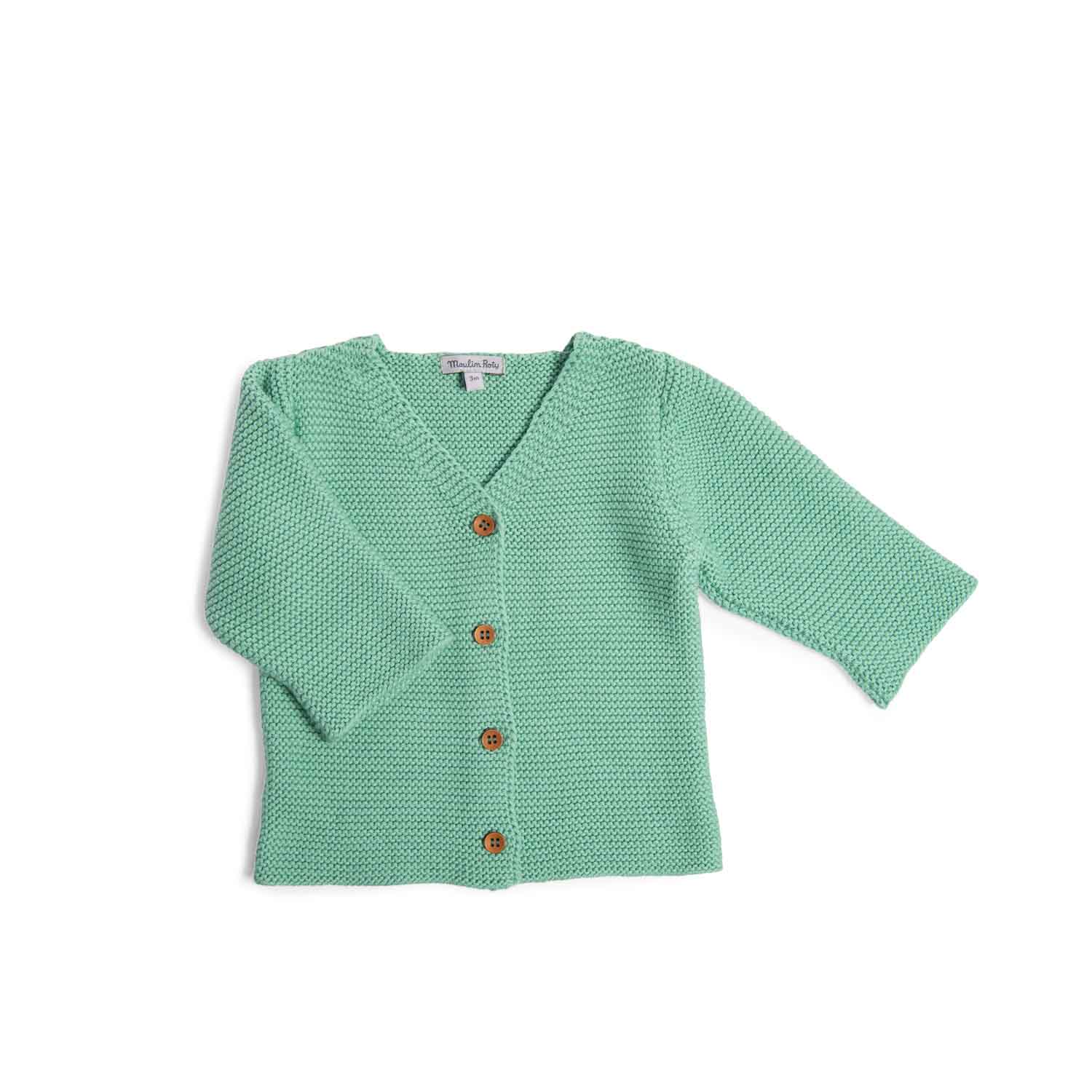 Moulin Roty | Cardigan in maglia cotone bio verde menta, Herbe Bord de mer