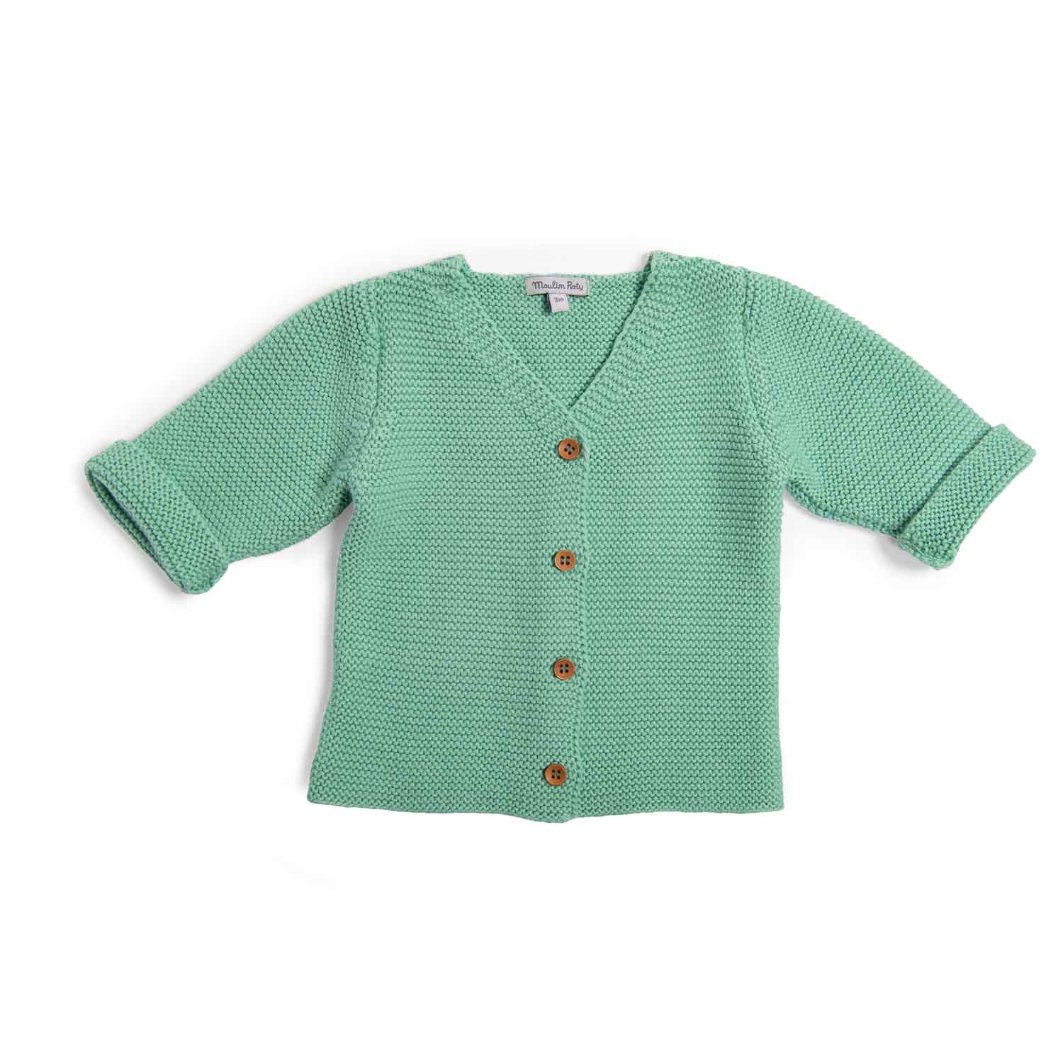 Moulin Roty | Cardigan in maglia cotone bio verde menta, Herbe Bord de mer