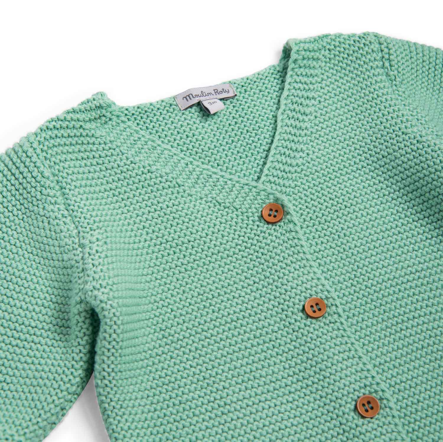Moulin Roty | Cardigan in maglia cotone bio verde menta, Herbe Bord de mer