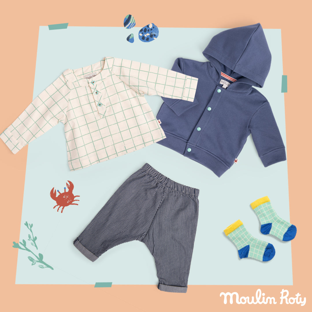 Moulin Roty | Felpa leggera con cappuccio blu, Harold, Bord de mer